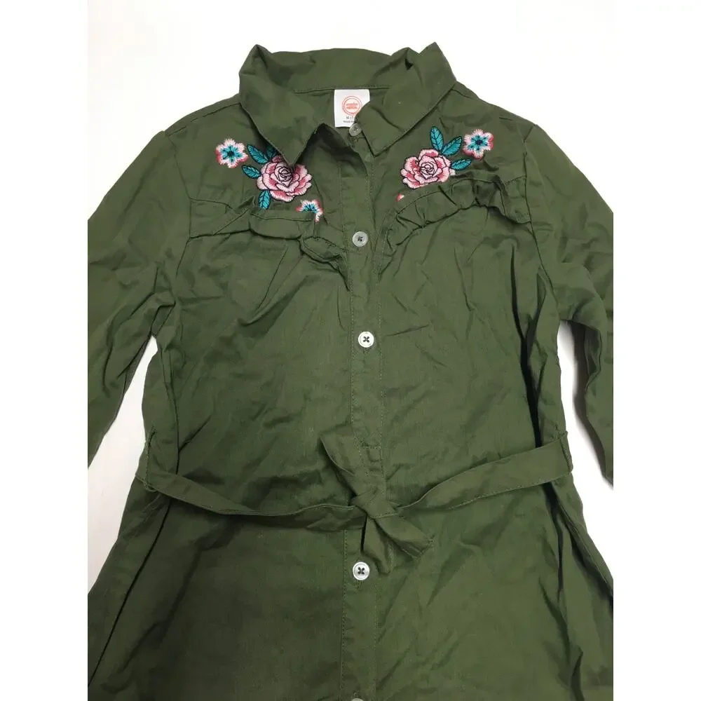 Wonder Nation Green Dress Belted Button Down Midi 3/4 Sleeves Girls M 7/8